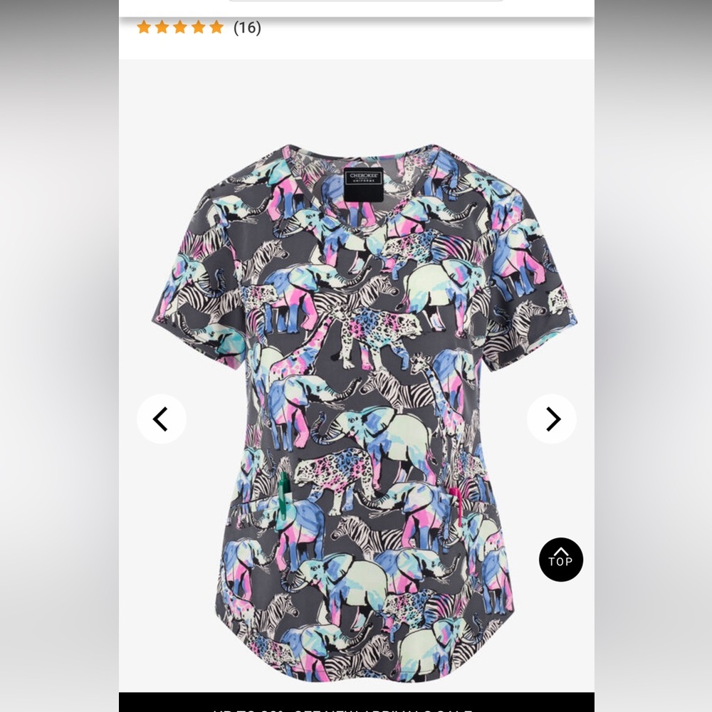 Cherokee Multicolor Animal Print MEDIUM Scrub Top 2 angled front welt pockets